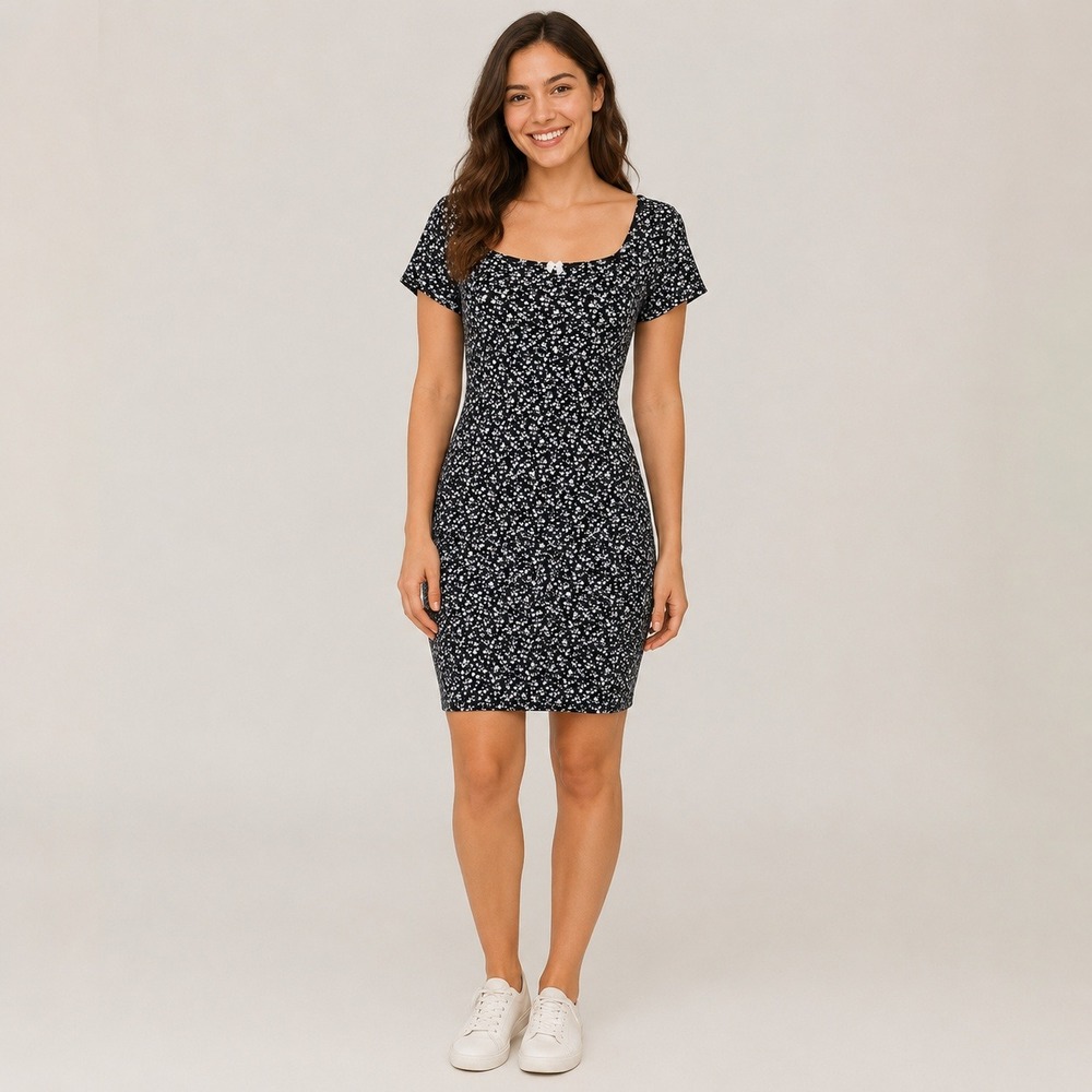 See You Monday Mini Dress Floral Black White Ribbed Coquette Cottagecore Medium